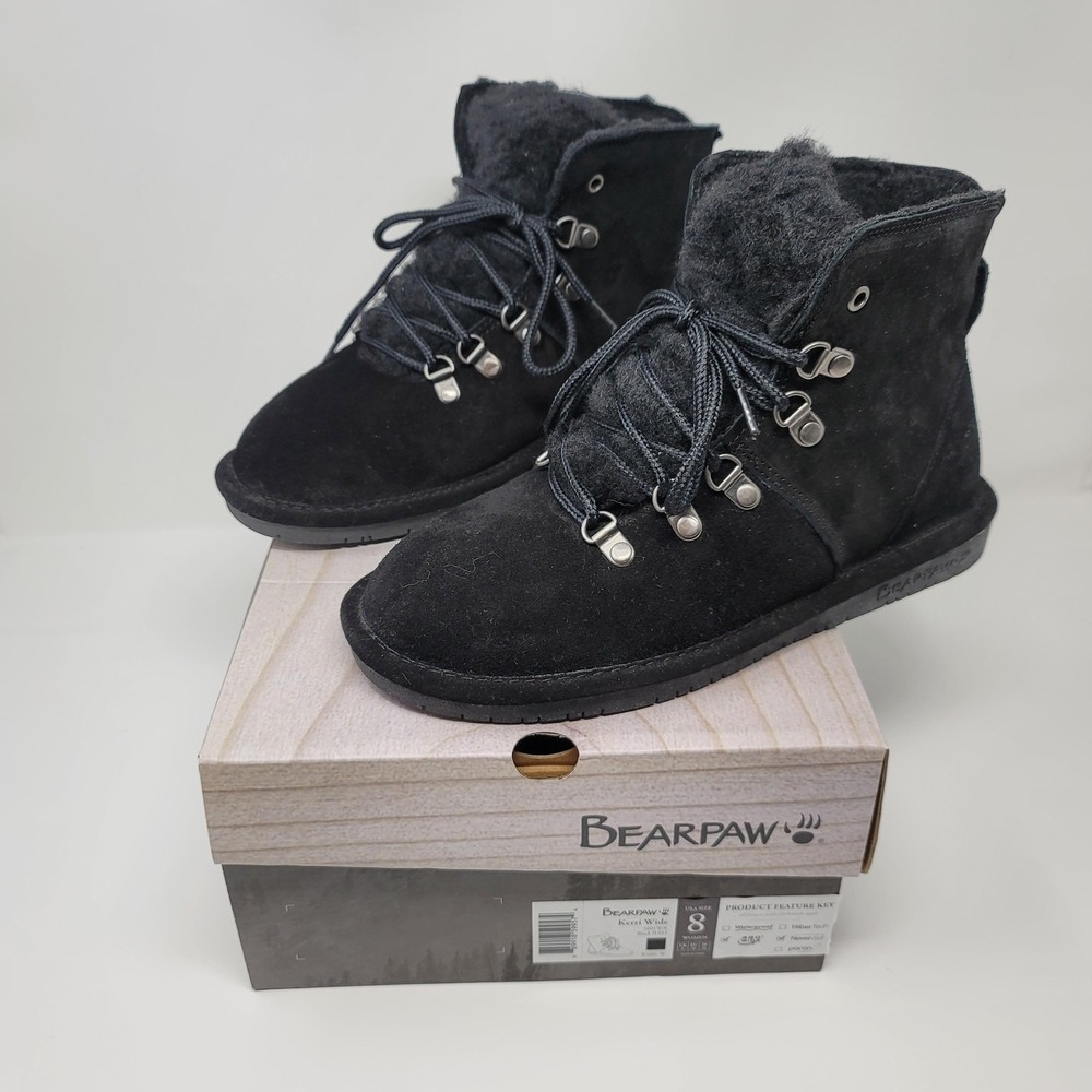 Bearpaw Kerri Suede Lace Up Ankle Snow Boots Booties Size 8 Wide Black Neverwet